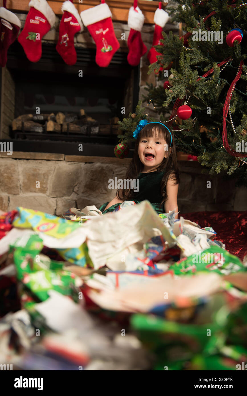 Child screaming cause she has no more gifts to unwrap Stock Photo