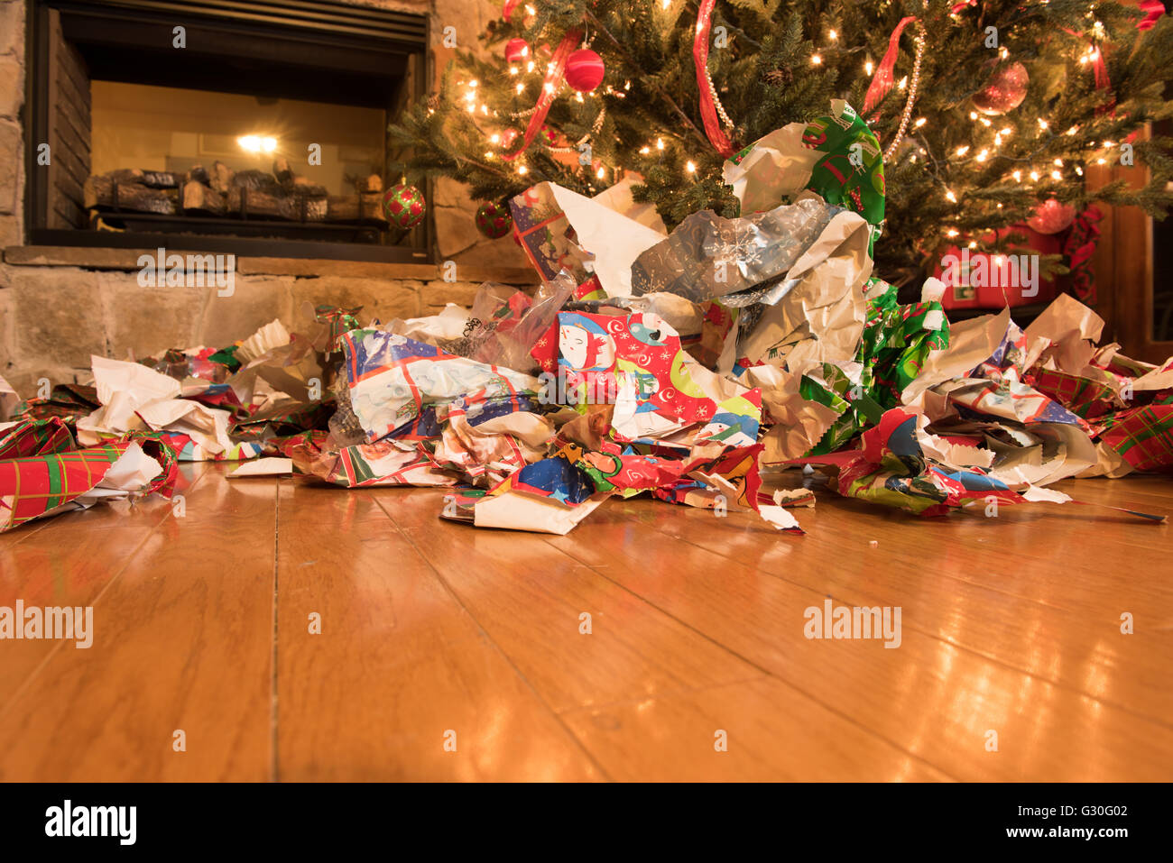 Mess of wrapping paper after all the gifts have been opened. Stock Photo