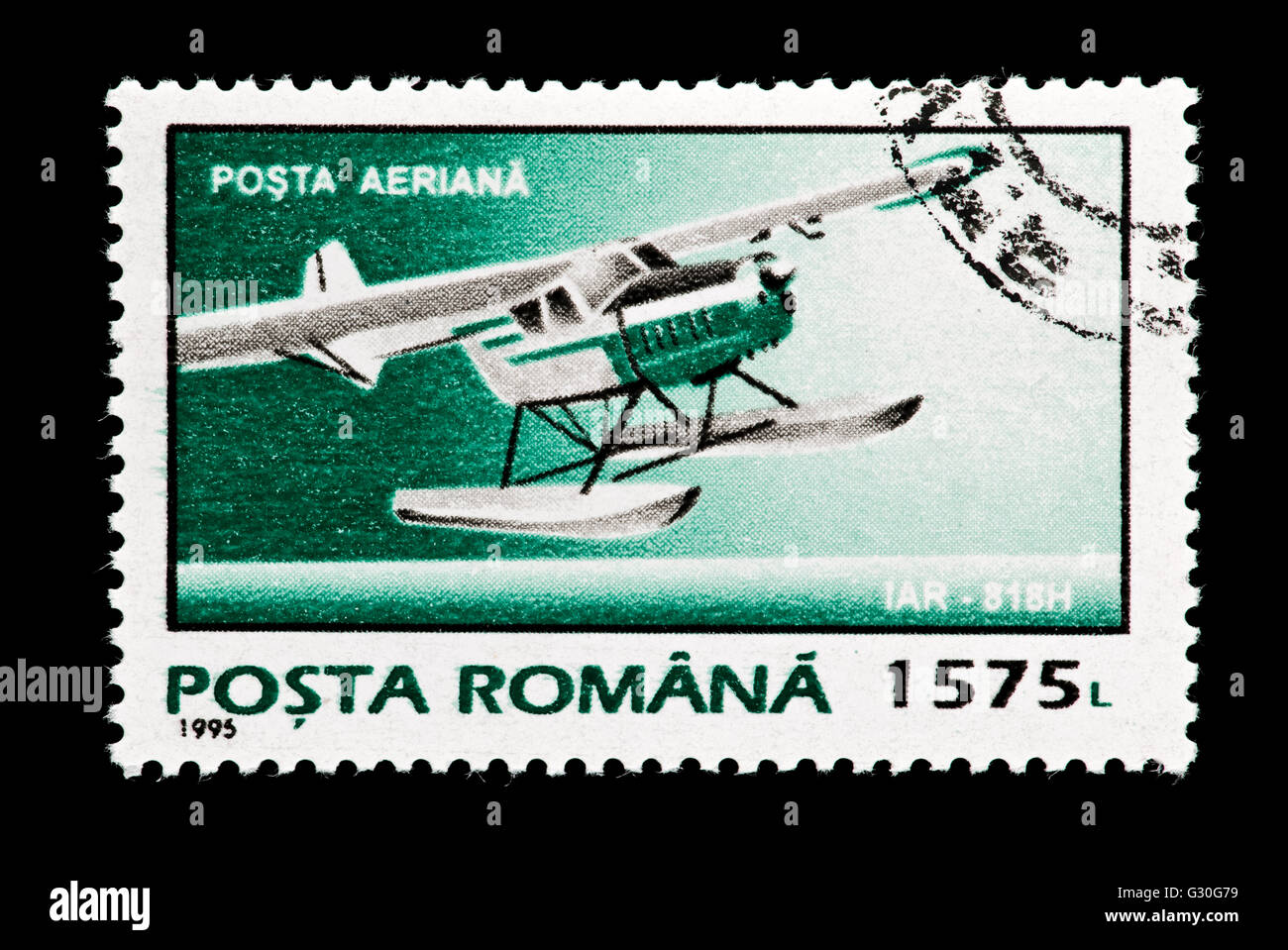 Postage stamp from Romania depicting an IAR-818H seaplane Stock Photo