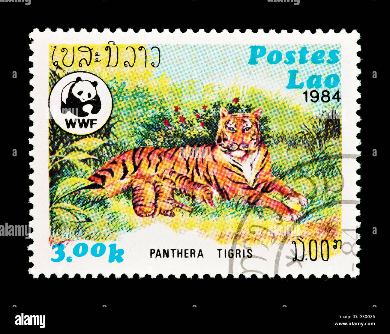 Postage stamp from the Laos depicting a tiger and cub (Panthera tigris ...
