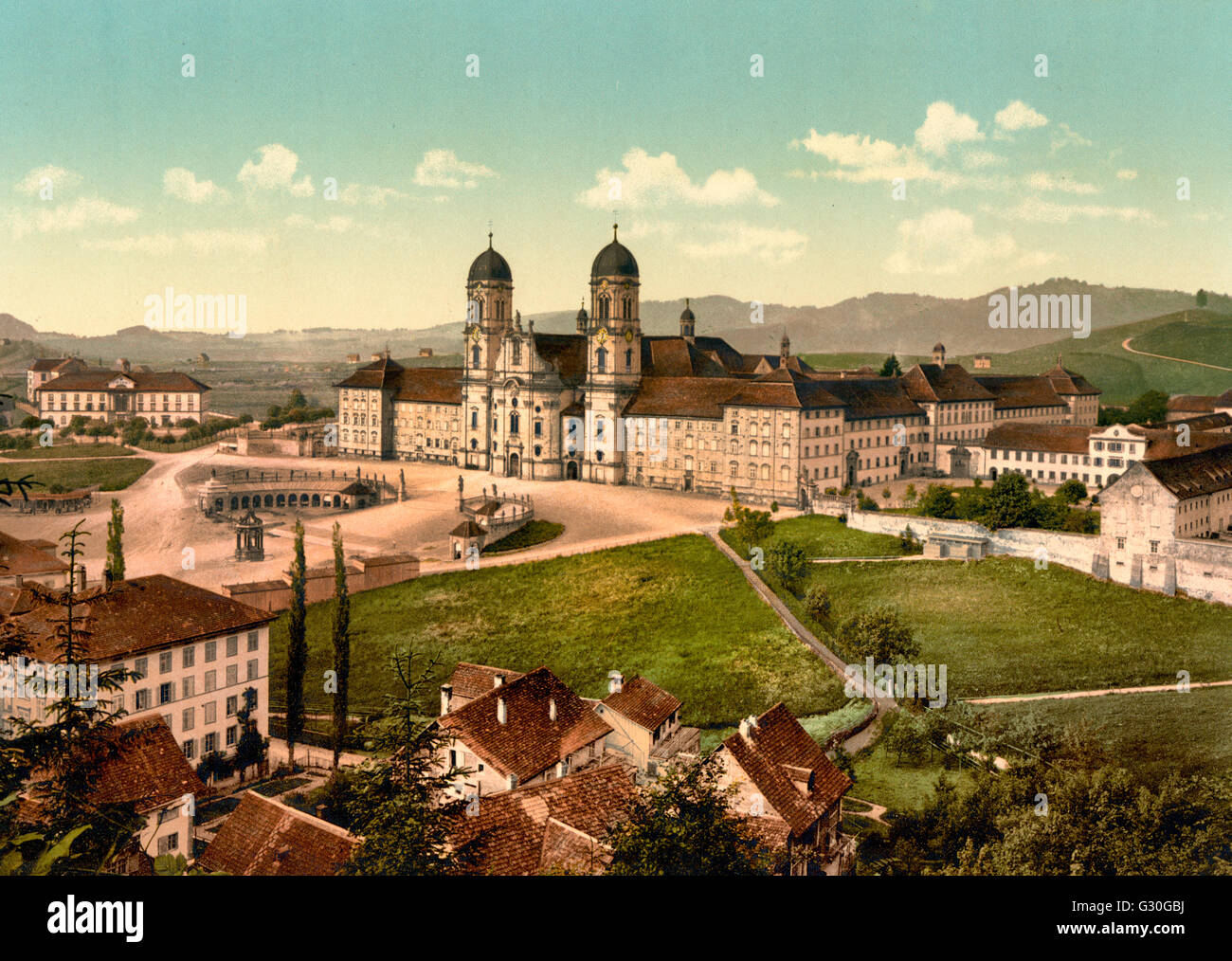 Einsiedeln, schoolhouse and monastery, Lake Lucerne, Switzerland, circa 1900 Stock Photo