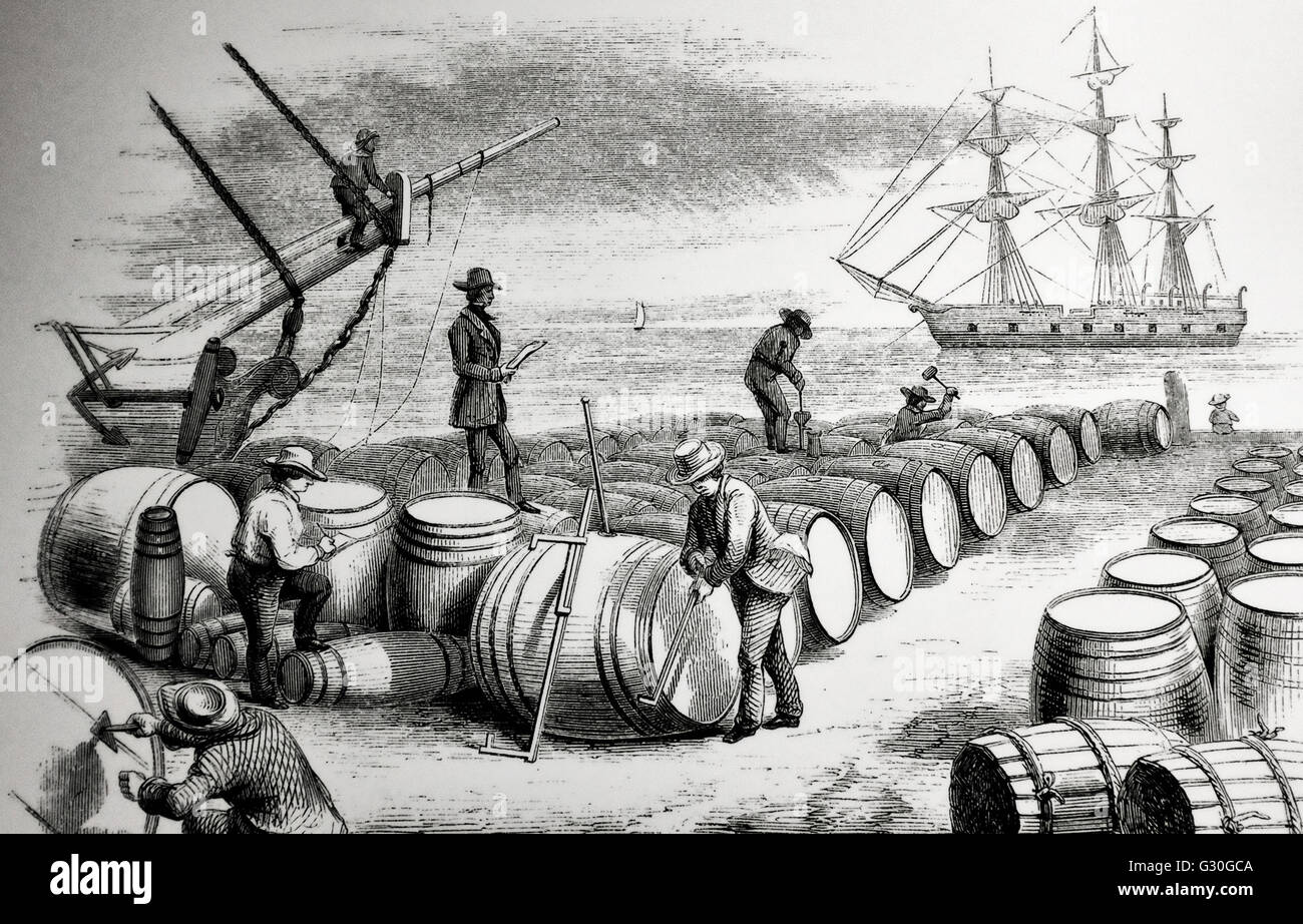 At the wharf Gauging Whale Oil 1830s Stock Photo Alamy