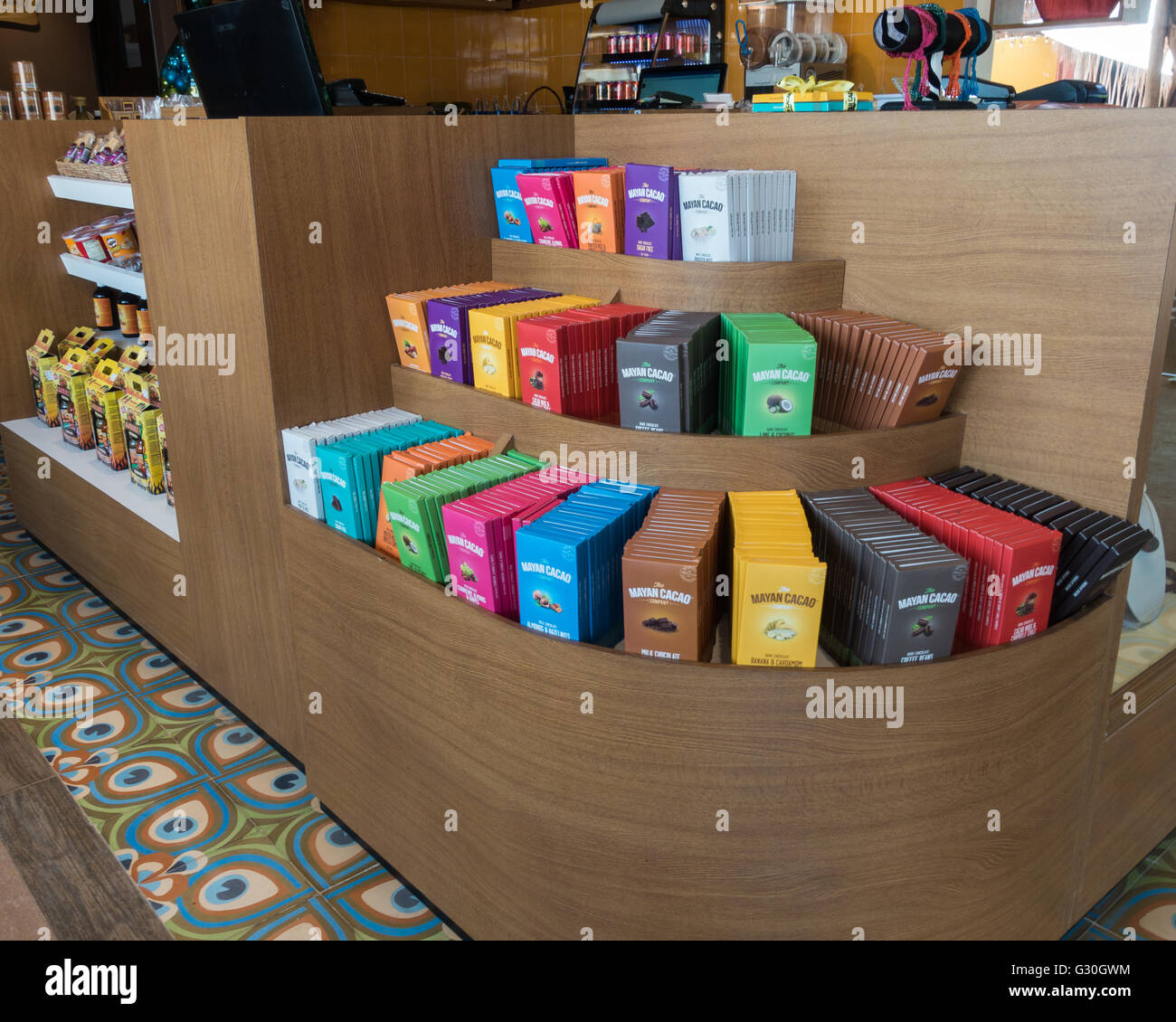Display of chocolate at the Mayan Cacao Company.  Cozumel, Mexico Stock Photo