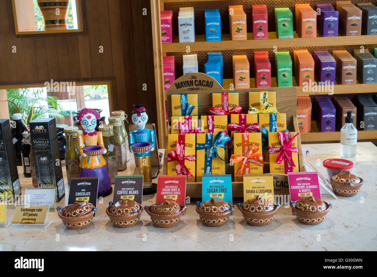 Display of chocolate at the Mayan Cacao Company.  Cozumel, Mexico Stock Photo