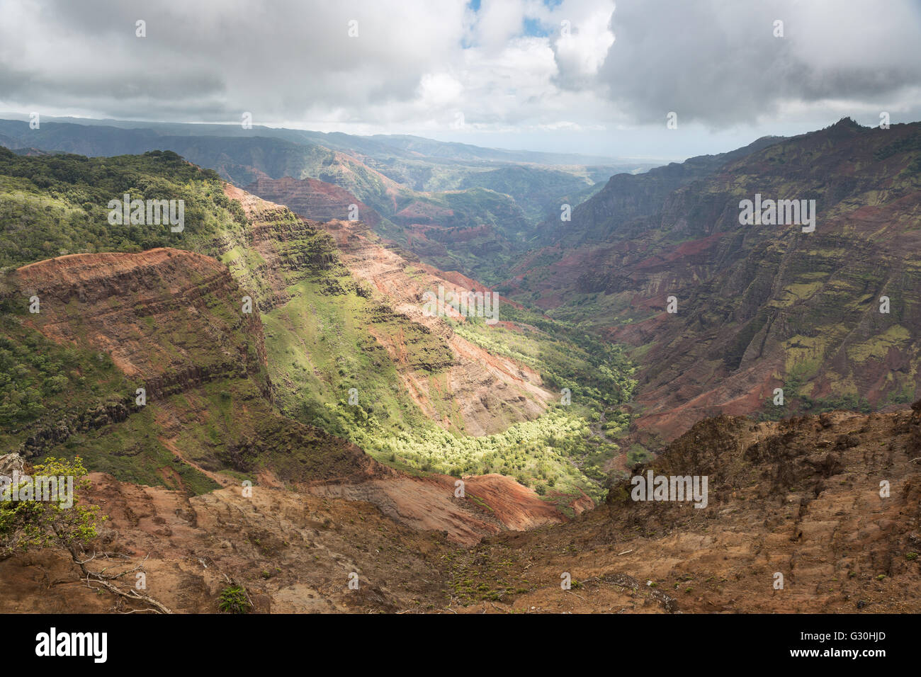 Sunlight on the Waimea Canyon floor Stock Photo