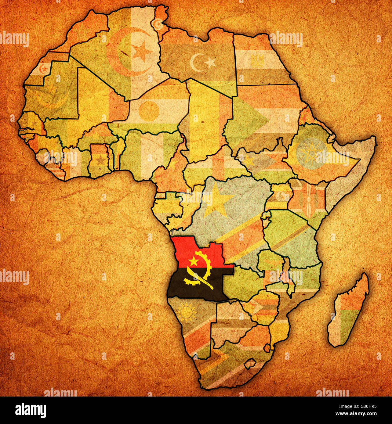 angola on actual vintage political map of africa with flags Stock Photo ...