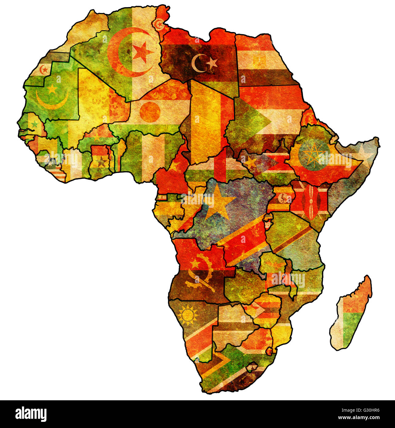 african union on actual vintage political map of africa with flags Stock Photo