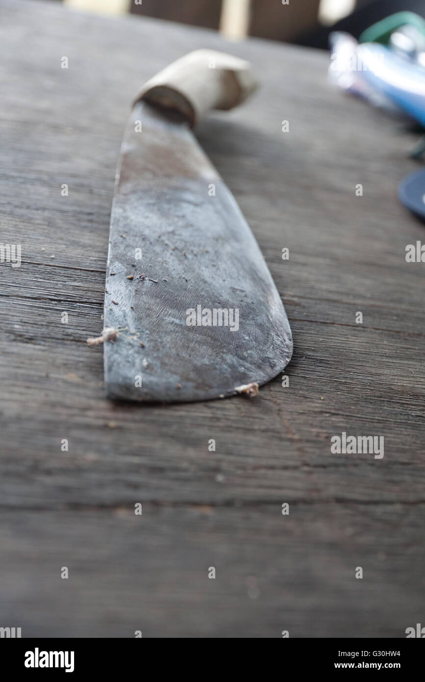 cracked coconuts and machete on table Stock Photo - Alamy