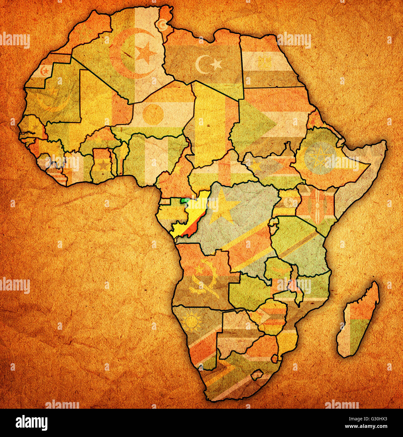 congo on actual vintage political map of africa with flags Stock Photo ...