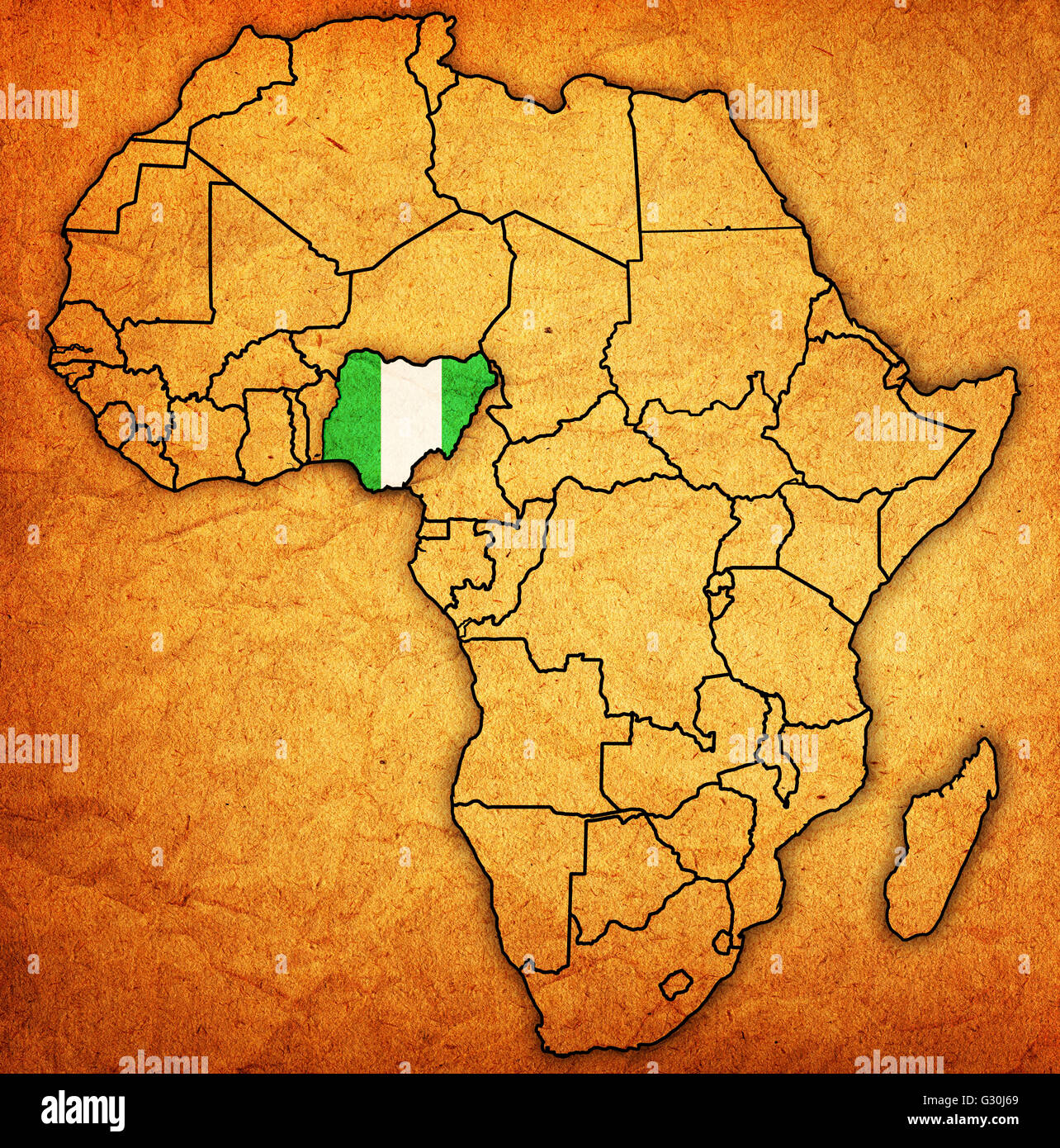 Nigeria On Actual Vintage Political Map Of Africa With Flags Stock 