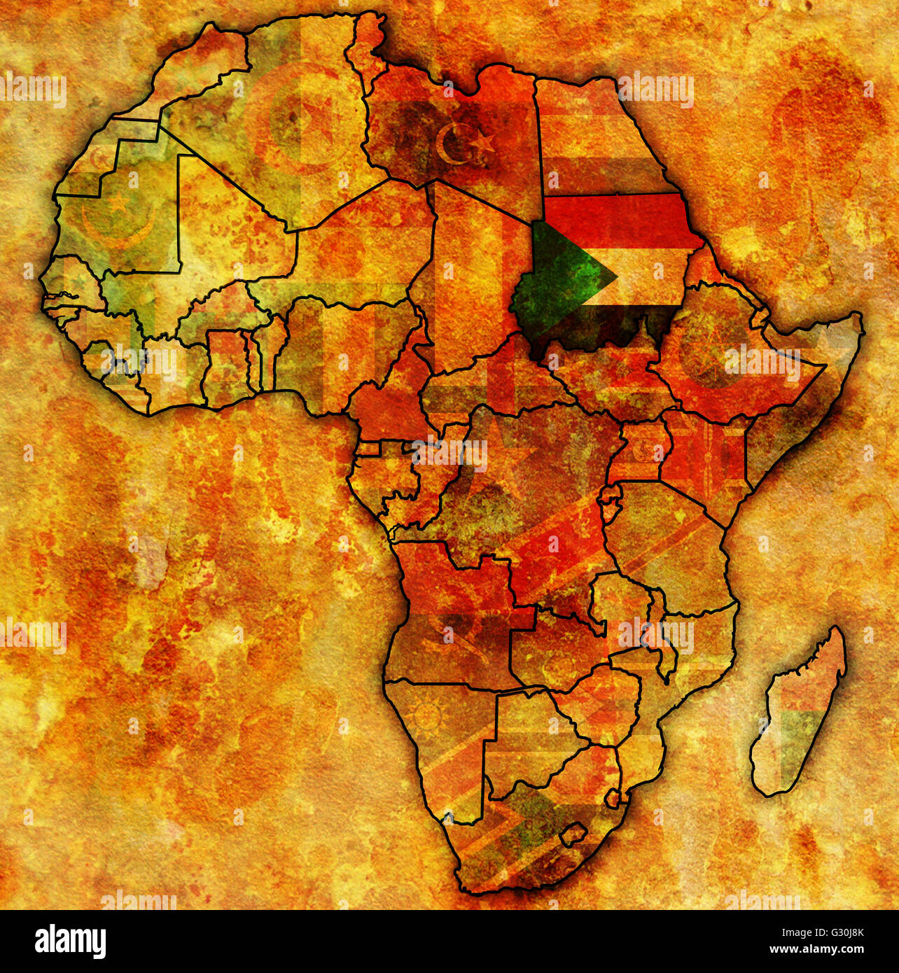 sudan on actual vintage political map of africa with flags Stock Photo ...