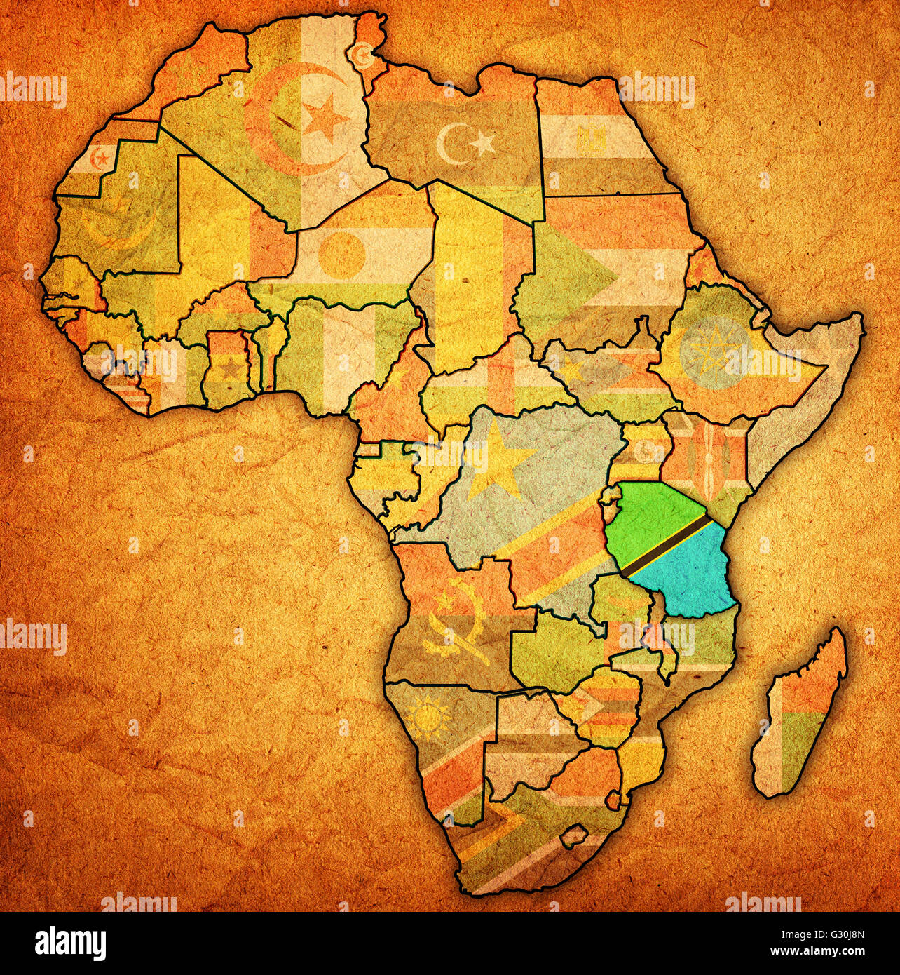 tanzania on actual vintage political map of africa with flags Stock ...