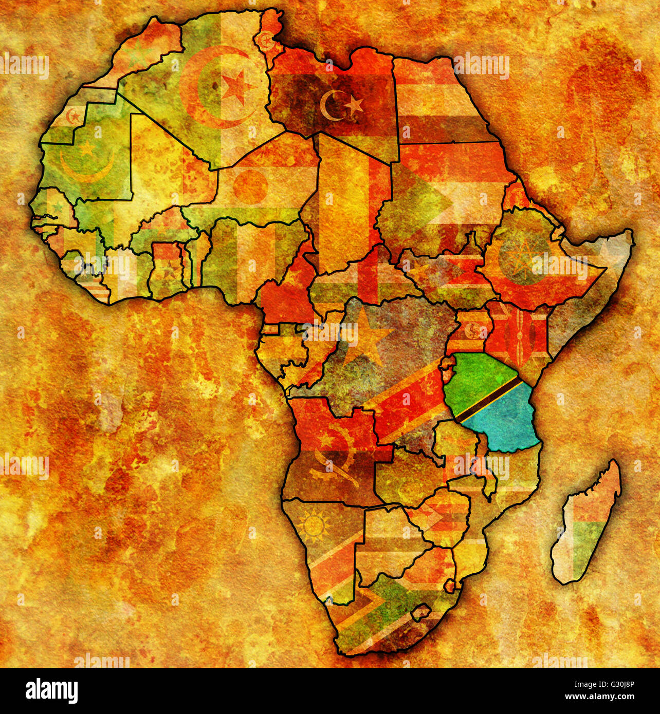 tanzania on actual vintage political map of africa with flags Stock ...