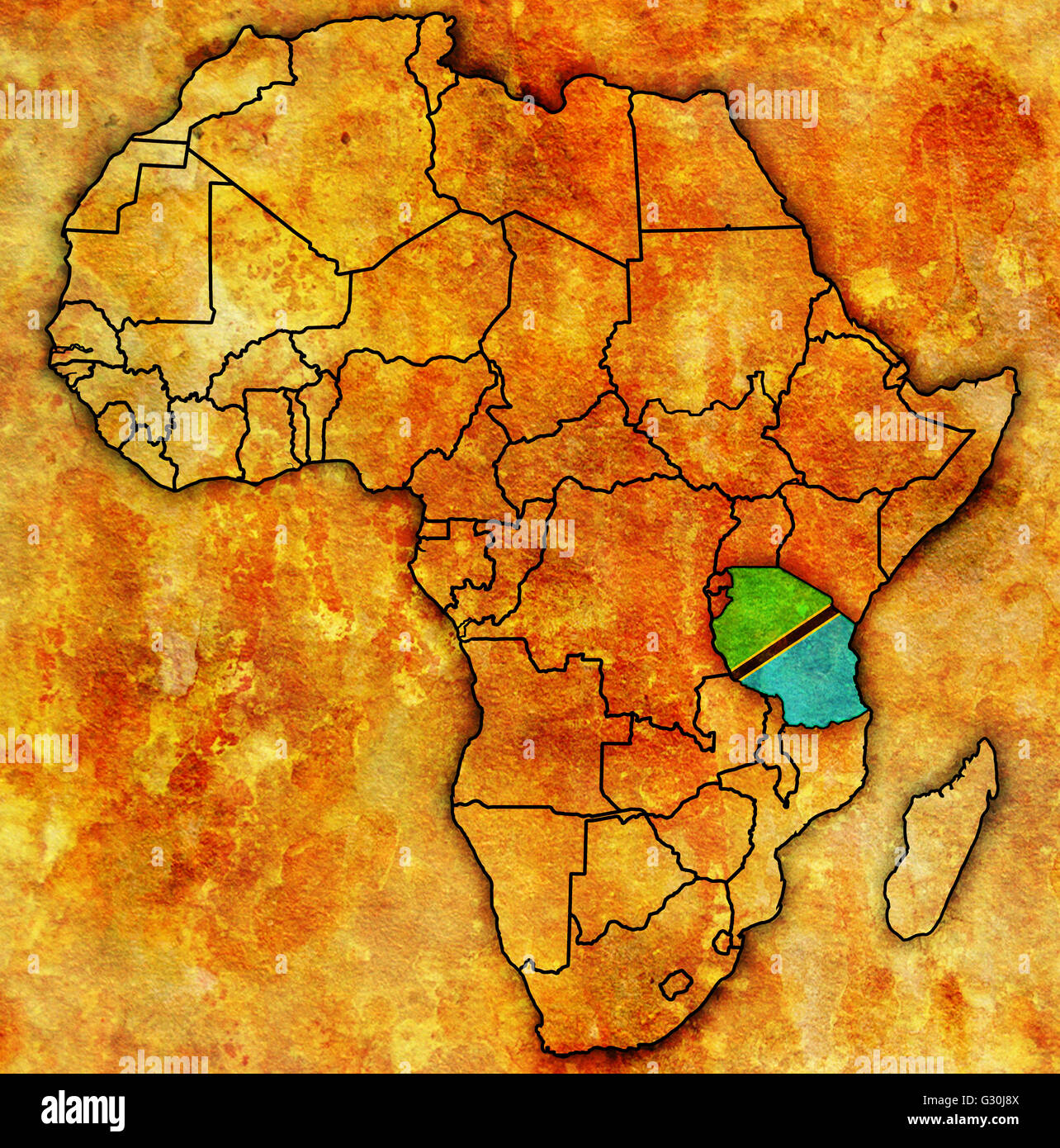 tanzania on actual vintage political map of africa with flags Stock ...