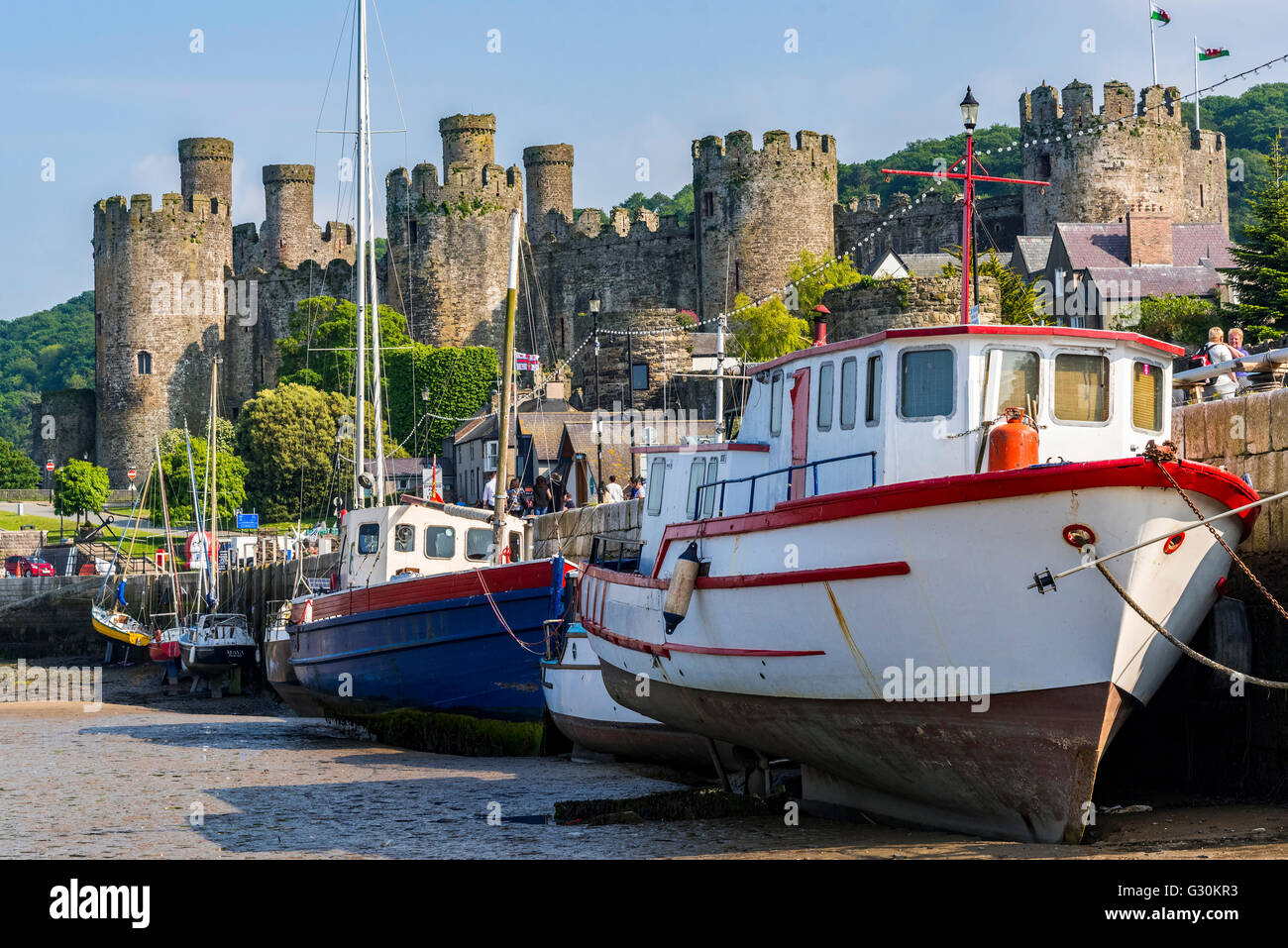 Conway castle and harbour on the river Conwy in Clwyd North Wales. Stock Photo