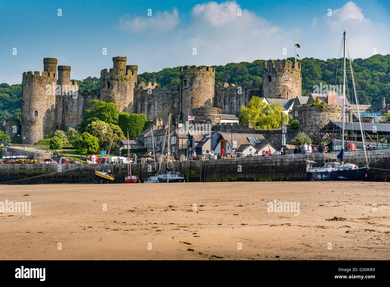 Conway castle and harbour on the river Conwy in Clwyd North Wales. Stock Photo