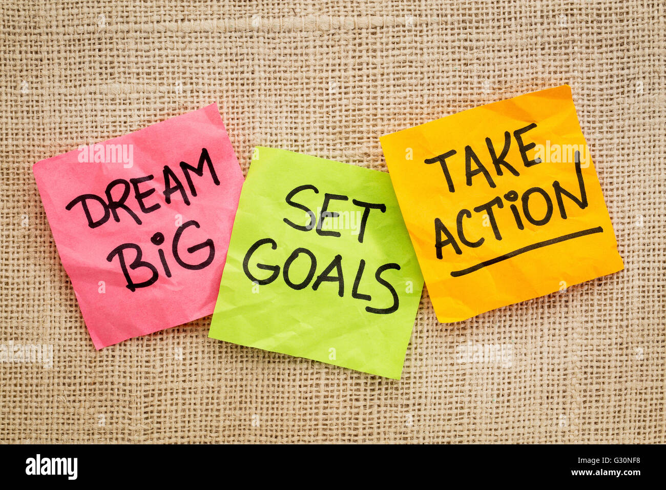 dream big, set goals, take action - motivational advice or reminder on sticky notes against canvas Stock Photo