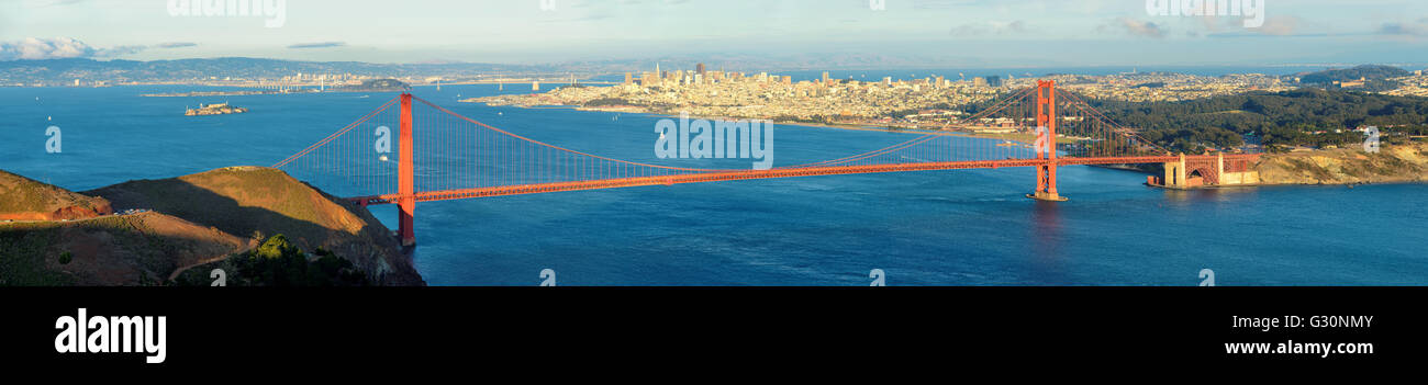 Panoramic San Francisco Golden Gate Bridge from San Francisco Bay Stock Photo