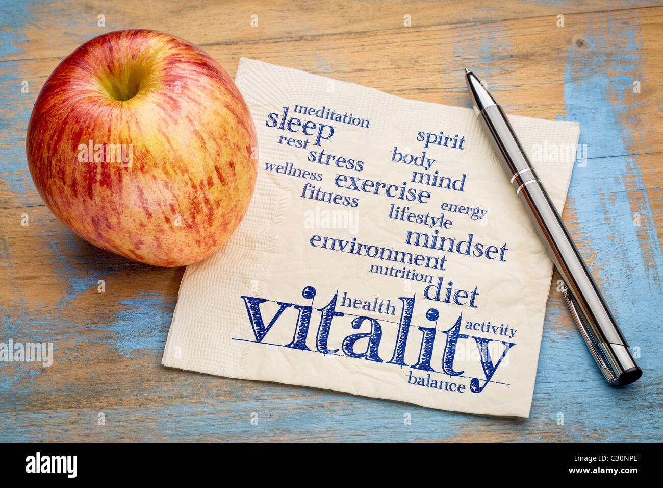 vitality and vital energy word cloud handwriting on a napkin with a fresh apple Stock Photo