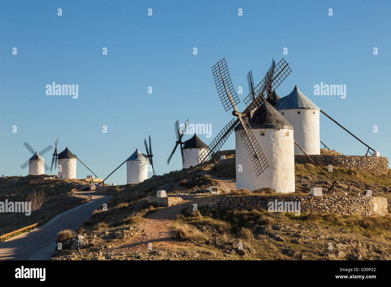 Traditional white Spanish windmill in Conquegra, Toledo province, Spain