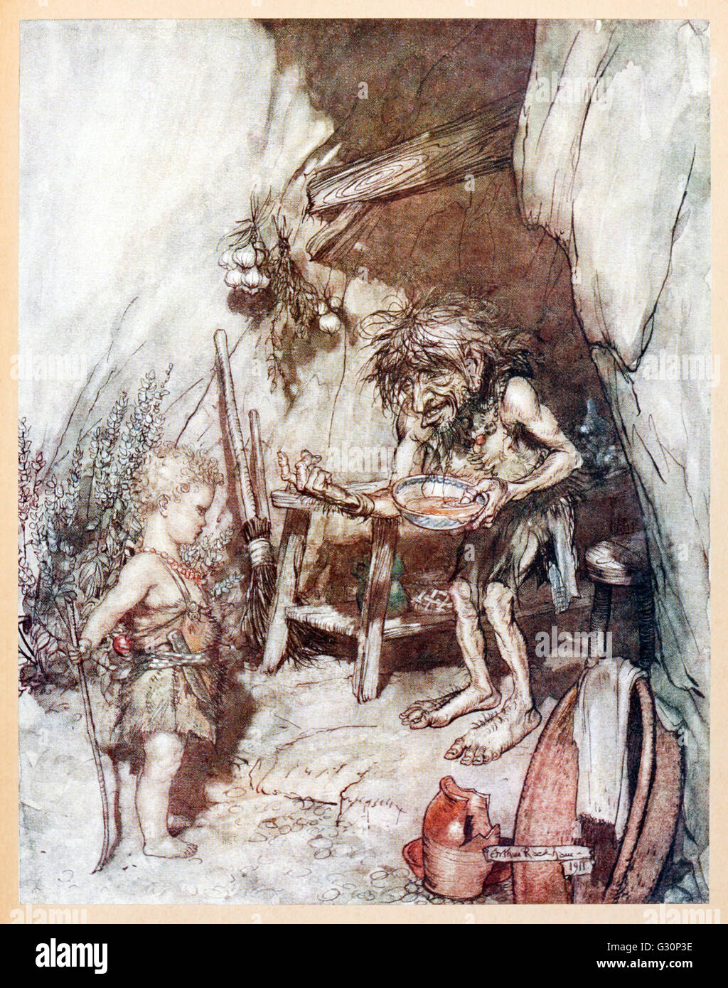 “Mime and the infant Siegfried” from 'Siegfried & The Twilight of the Gods' illustrated by Arthur Rackham (1867-1939). See description for more information. Stock Photo