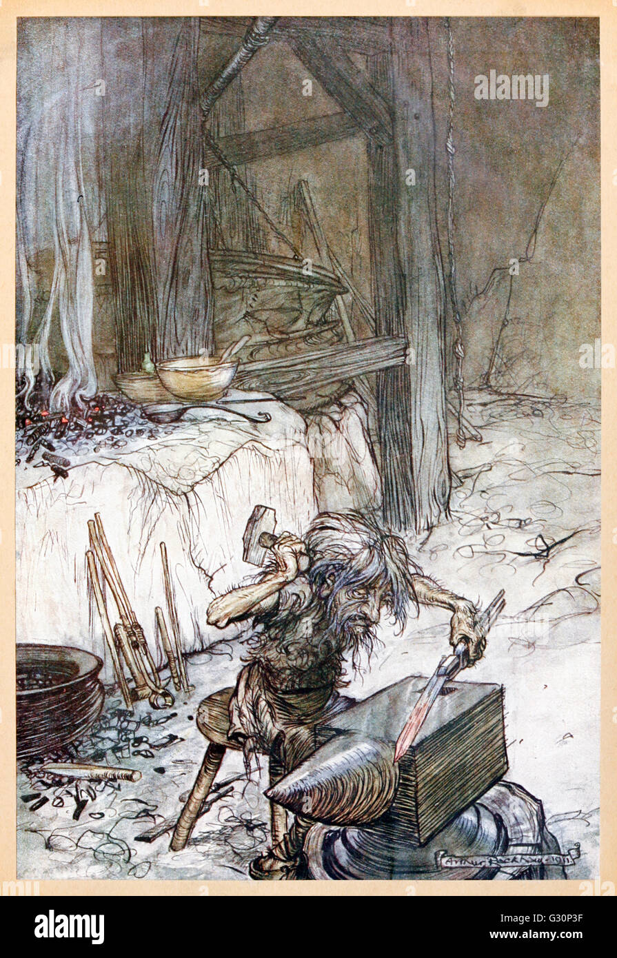 “Mime at the Anvil” from 'Siegfried & The Twilight of the Gods' illustrated by Arthur Rackham (1867-1939). See description for more information. Stock Photo