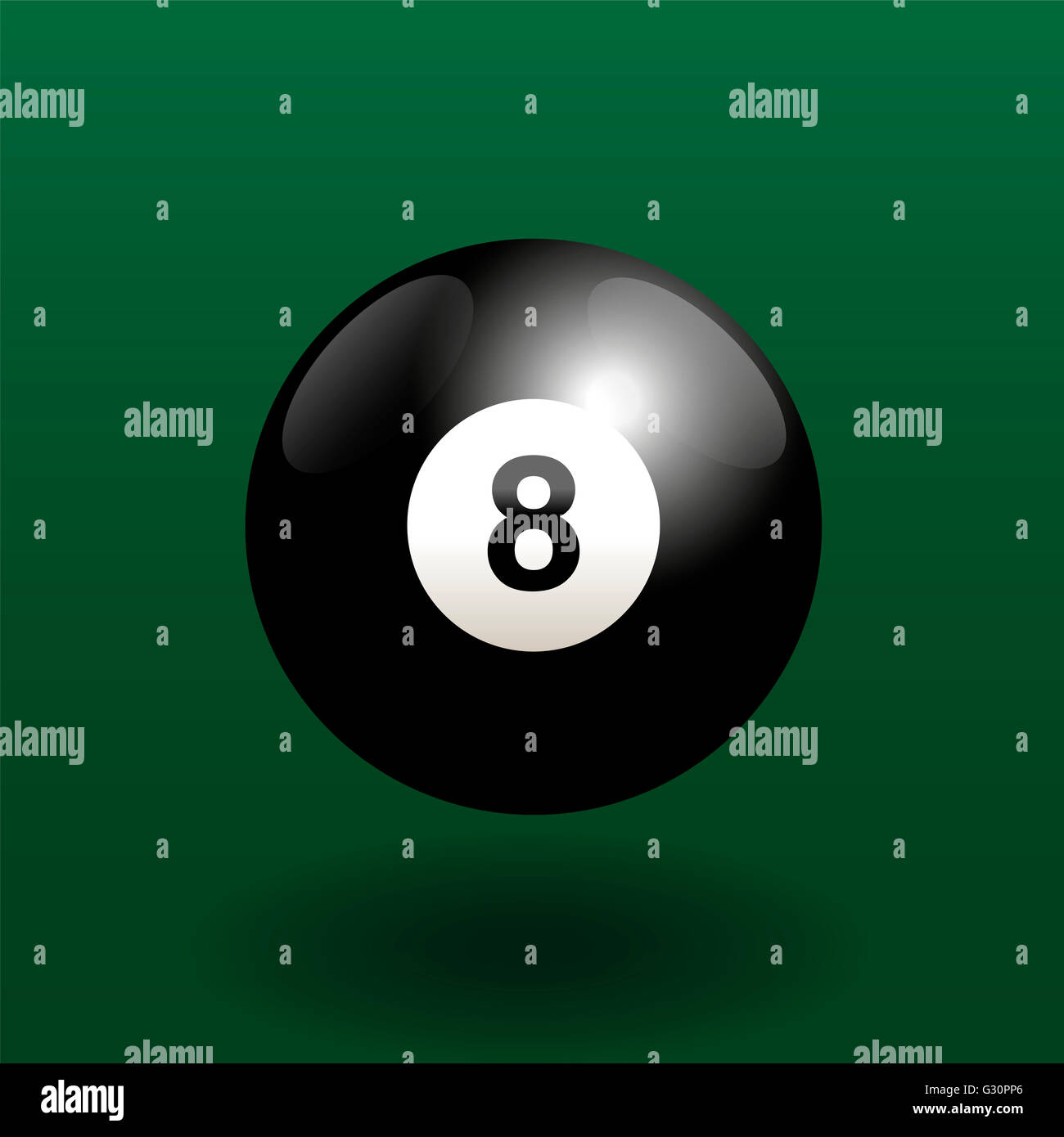 Black billiard ball number eight. Three-dimensional illustration on green gradient background. Stock Photo