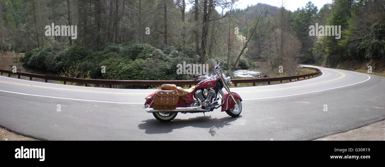 A late model Indian Vintage Chief Motorcycle parked on NC state road 28 between Highlands and Franklin, North Carolina, USA. Stock Photo