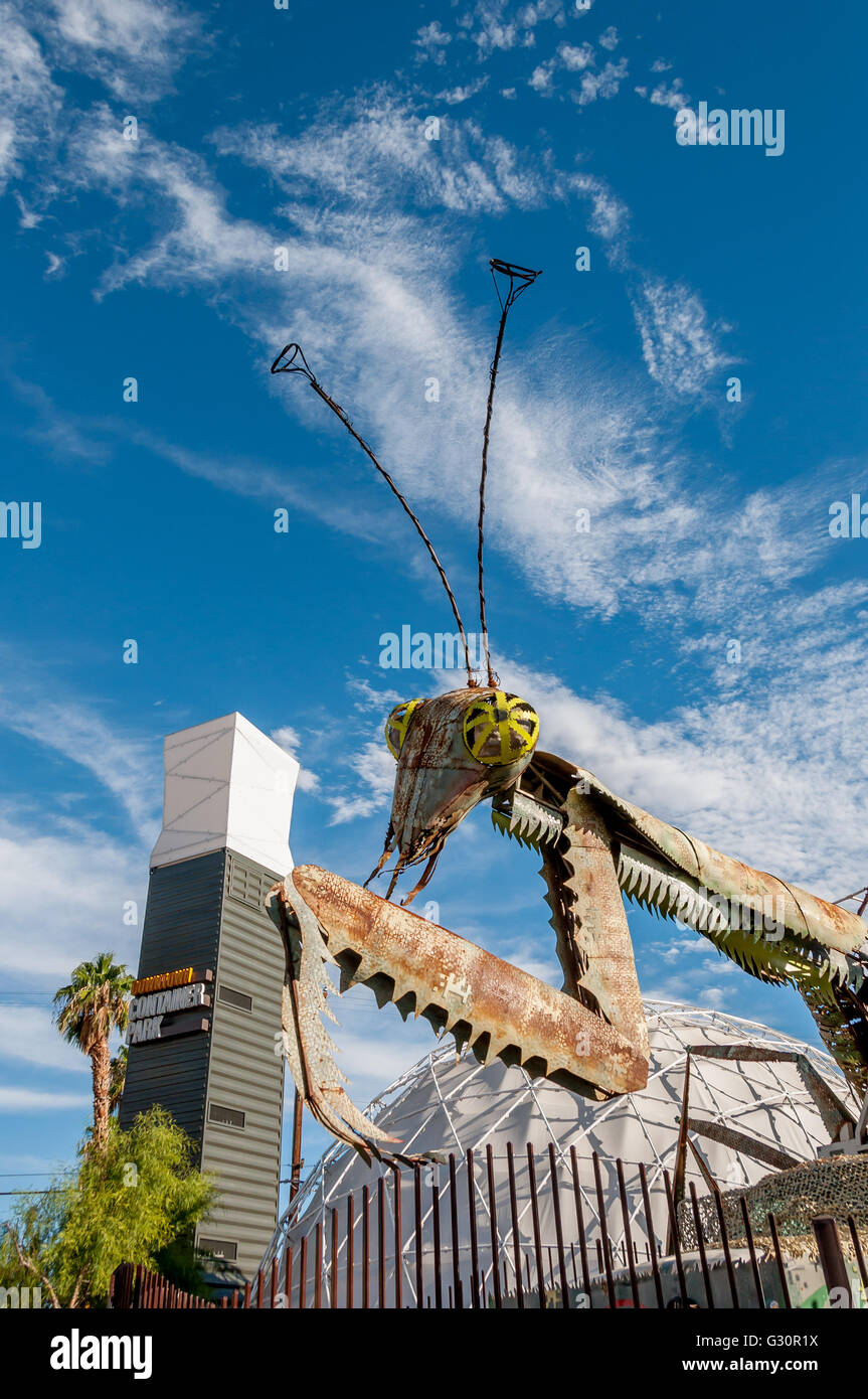 Metal praying mantis art sculpture at Container Park in old Las Vegas, East Fremont neighborhood