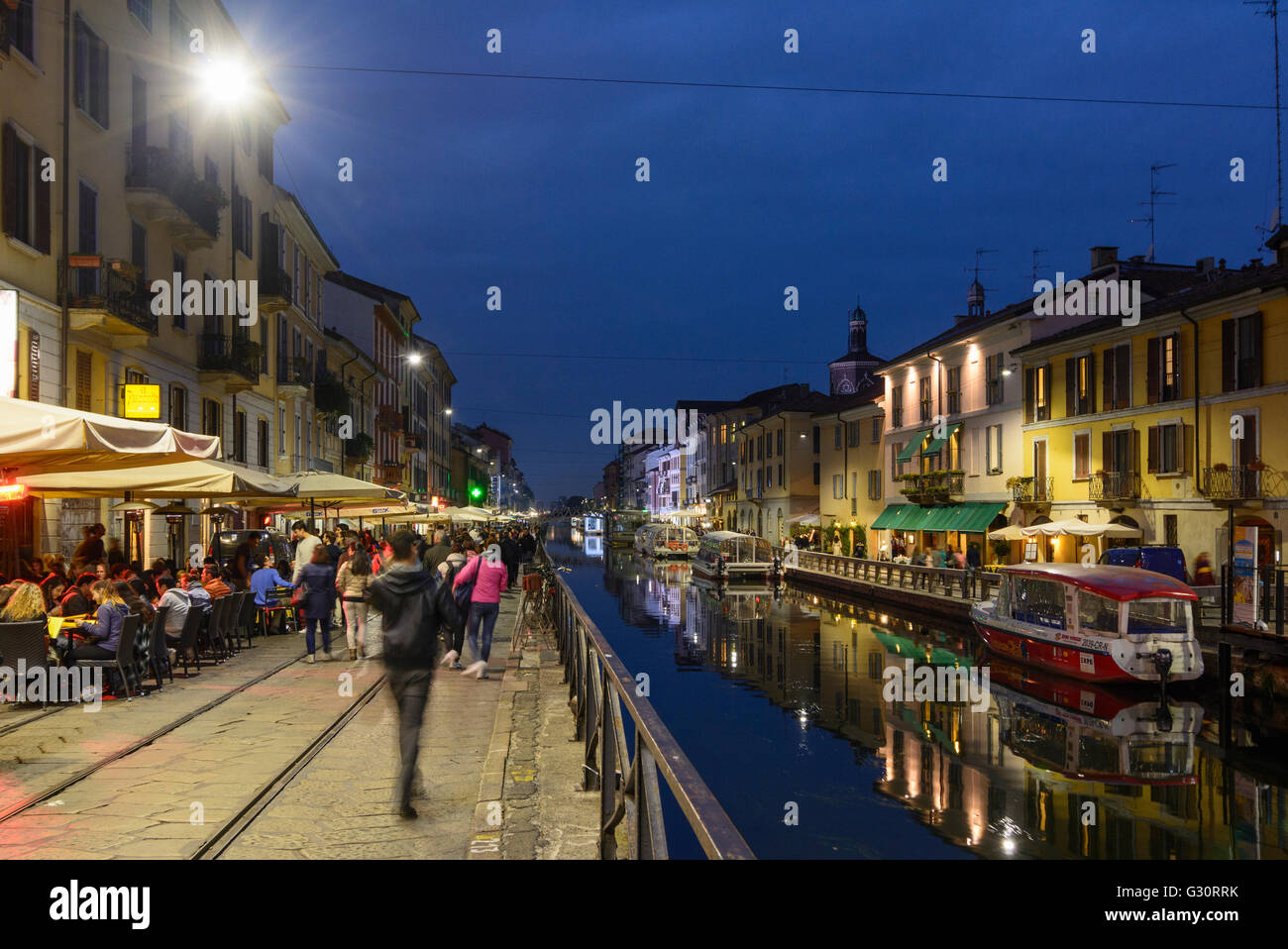 channel Naviglio Grande in the district Navigli, restaurants in the evening, Italy, Lombardei