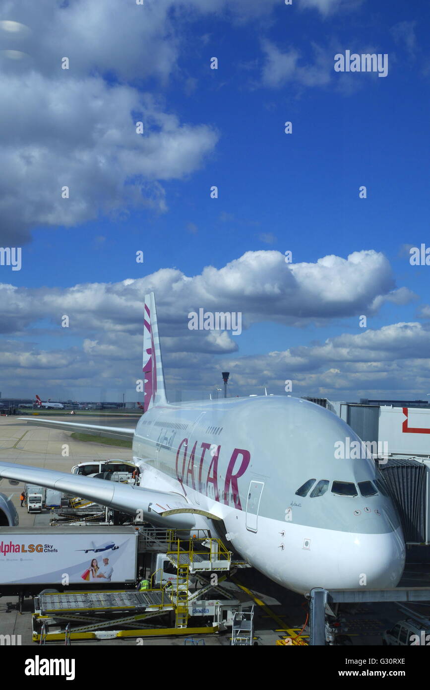 Qatar Airways Airbus A380-800 on the stand at London Heathrow Airport Stock Photo
