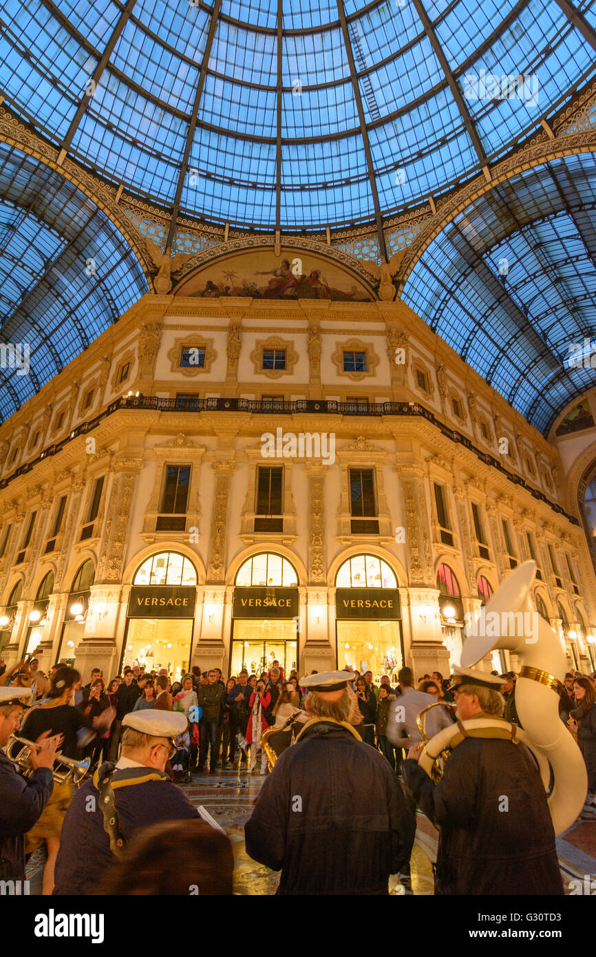 gallery Galleria Vittorio Emanuele II with marching band, Italy, Lombardei, Lombardy, , Mailand, Milan Stock Photo