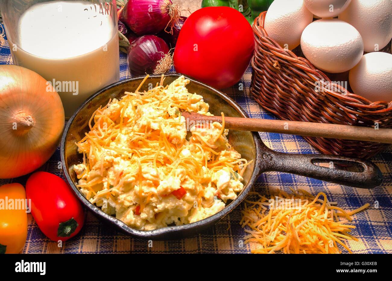 Cast Iron Skillet with western style scrambled eggs Including onions