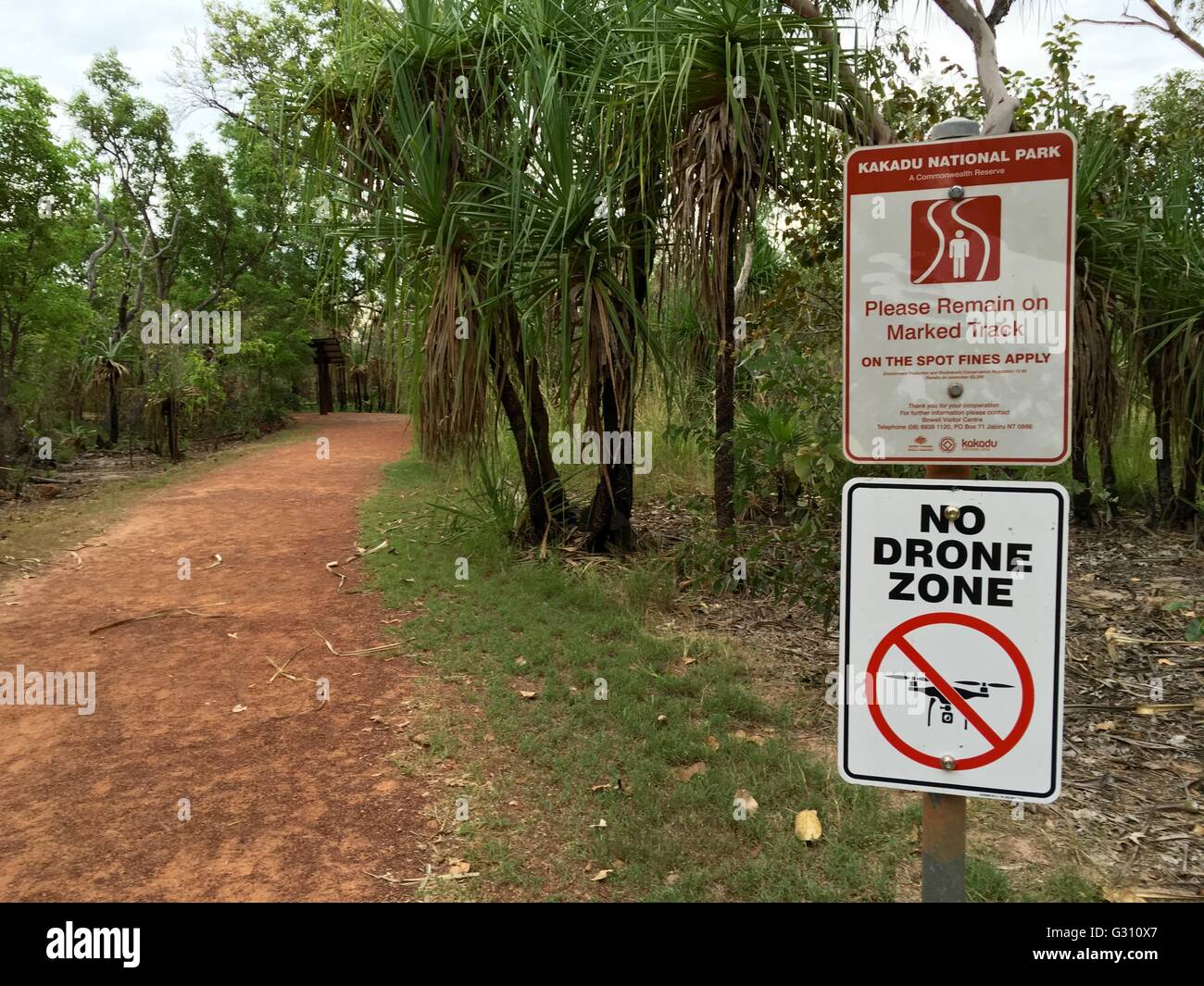 Entrance to Ubirr, Kakadu National Park, Australia is a designated No Drone Zone. Stock Photo