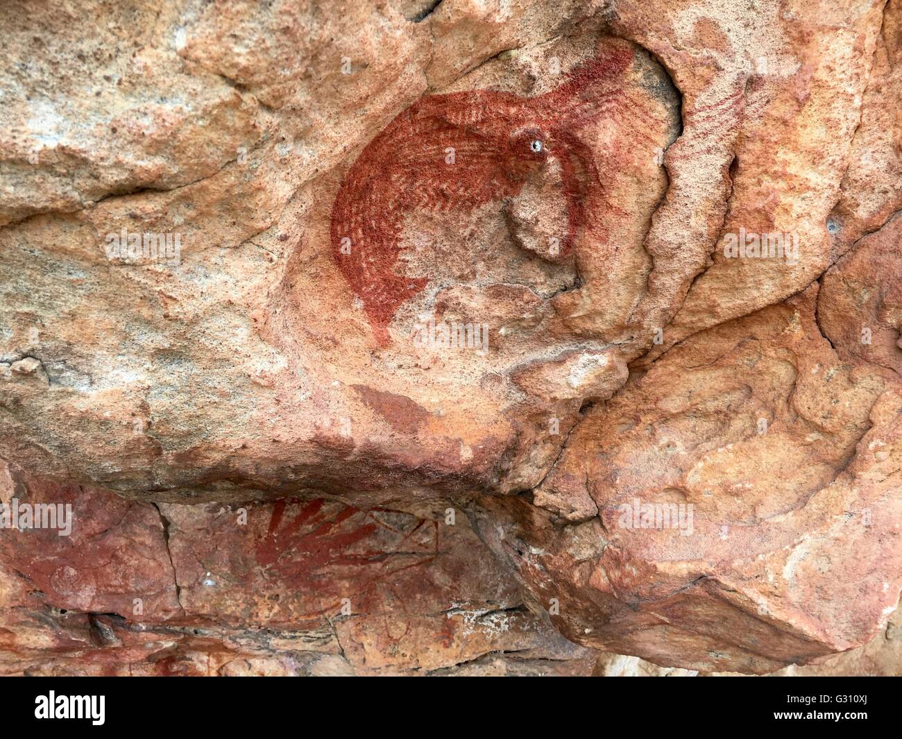 A red prawn painted in a cave known as Shrimp Rock at Hawk Dreaming, Cannon Hill, Kakadu National Park, Australia Stock Photo