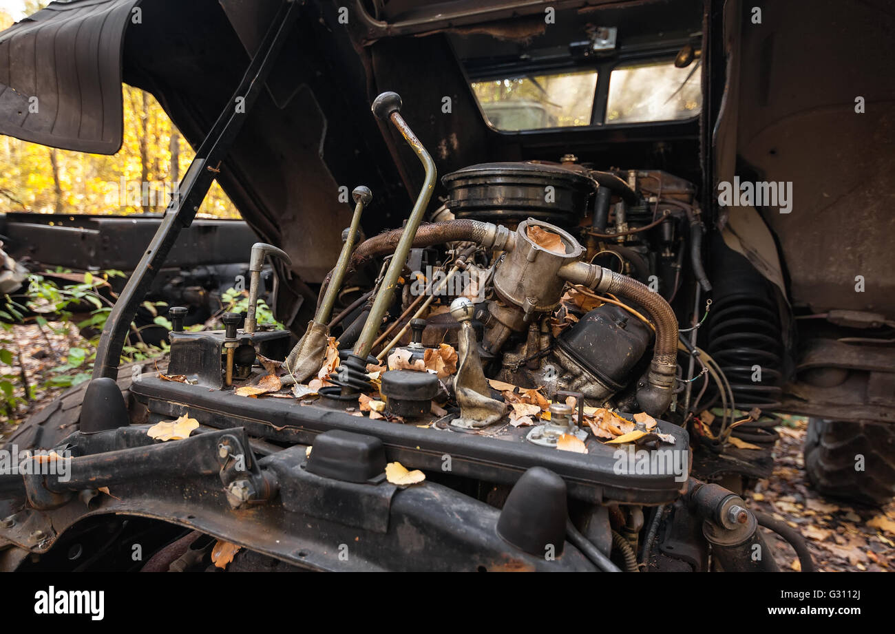Old truck gear lever. Broken engine compartment Stock Photo Alamy