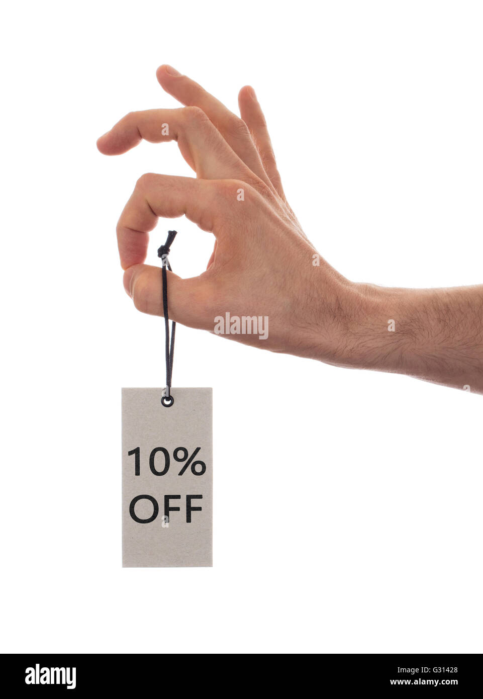 Tag tied with string, price tag - 10 percent off (isolated on white) Stock Photo