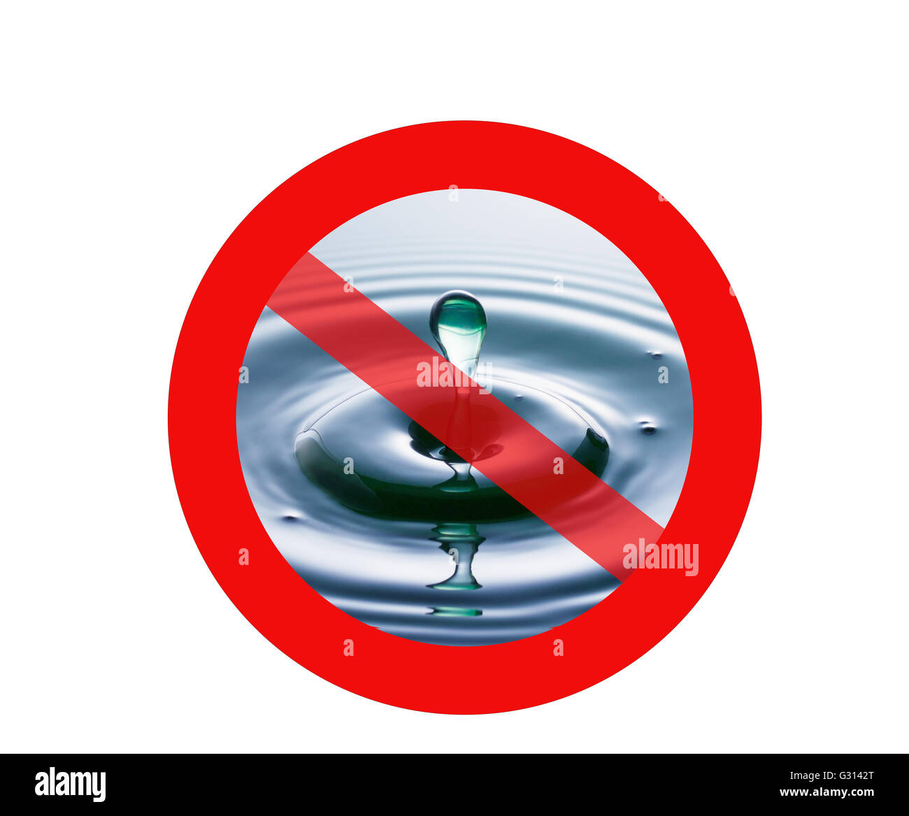 Water Crisis - A drop of water plopping into water with a 'no access' sign superimposed on top, representing no access to water Stock Photo