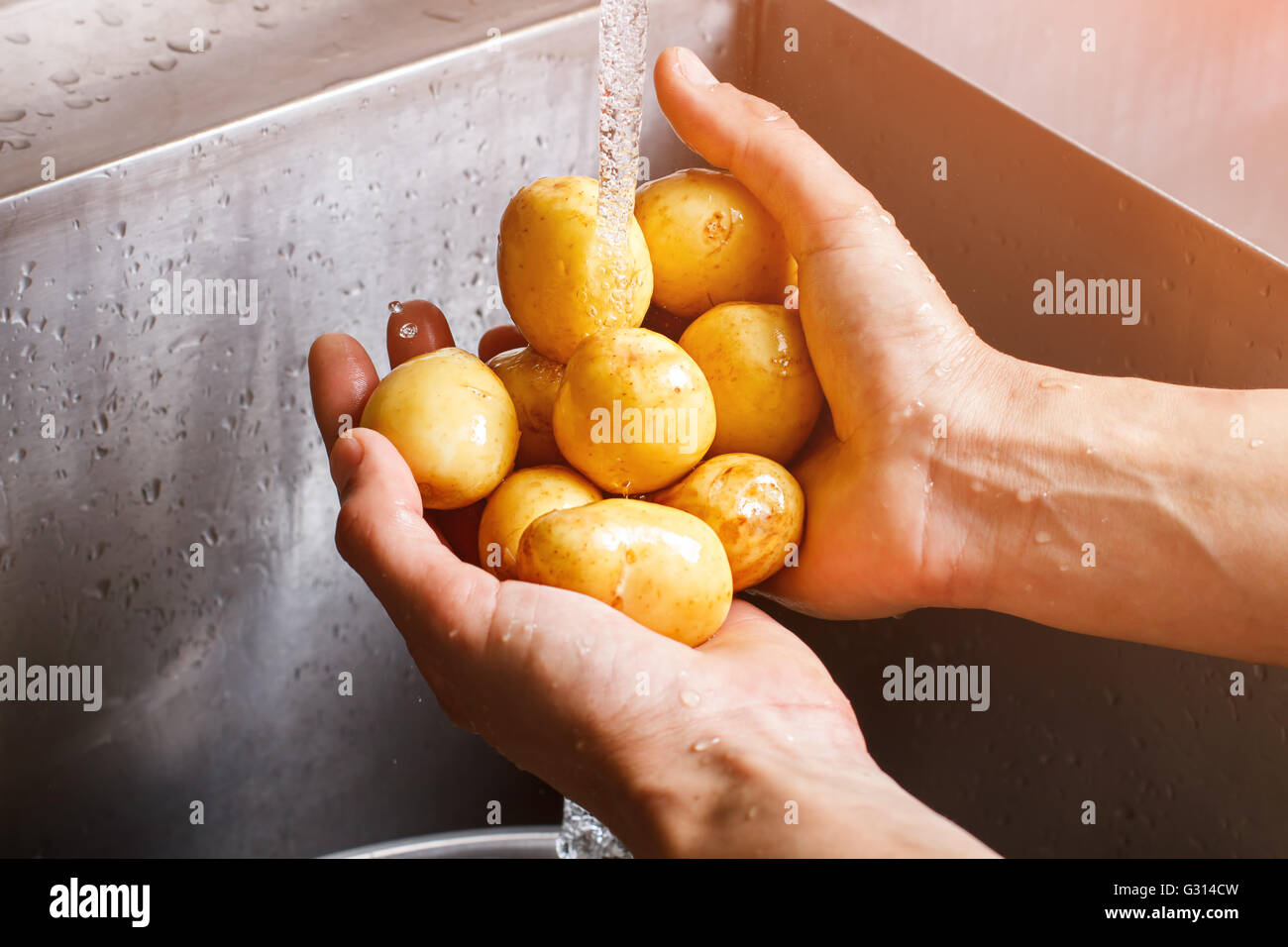 грязный картофель в руке. мытье картофеля. картошка моется. мытье картофеля. чистка картофеля.