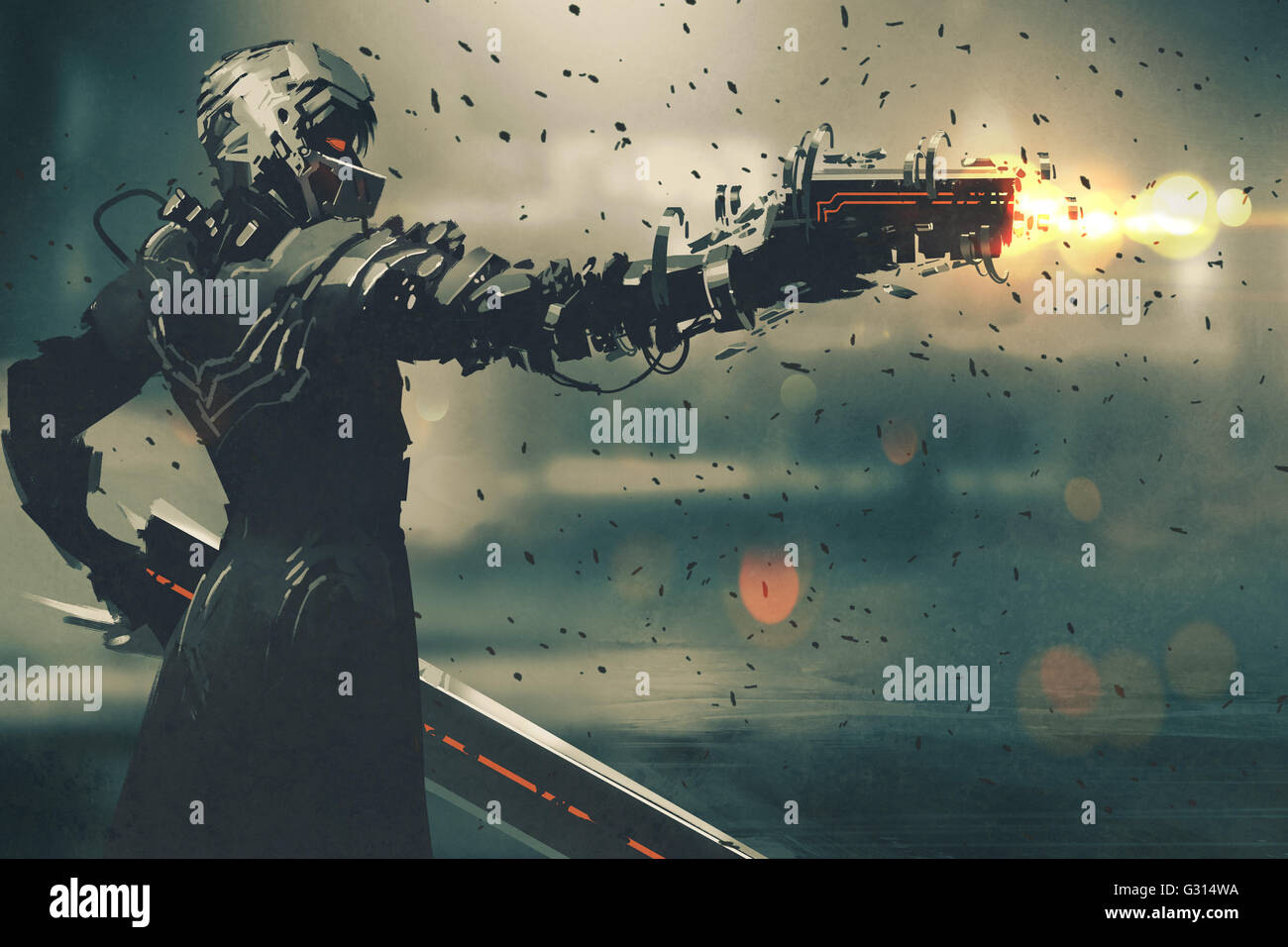 sci-fi gaming character in futuristic suit aiming weapon,shooting gun,illustration Stock Photo