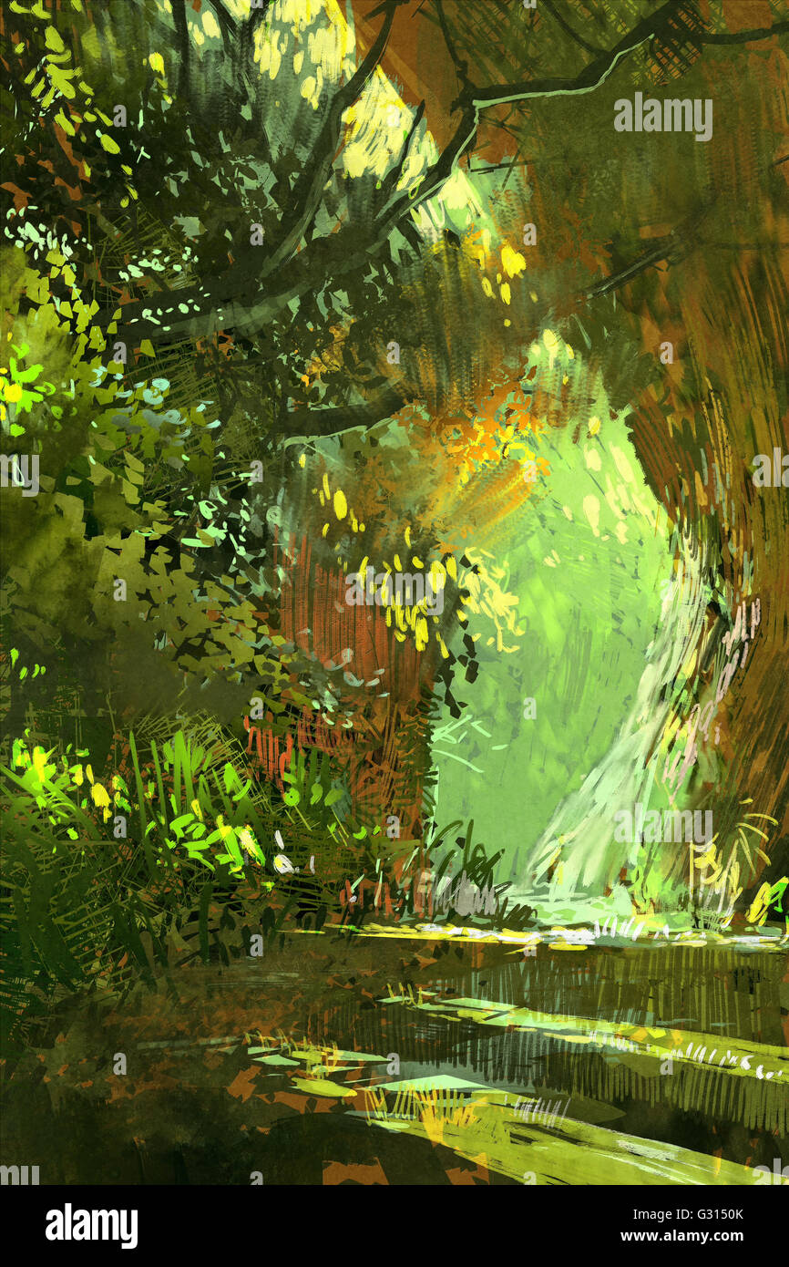walkway in the forest,scenery,landscape illustration Stock Photo - Alamy