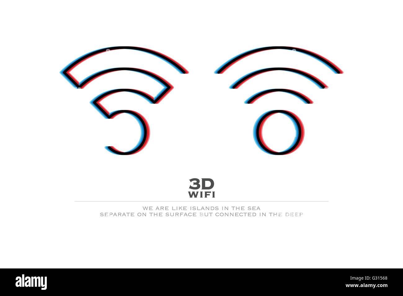 two 3d illusion wireless icons and wifi logo. vector radio wave stereoscopic symbol. free internet connection zone sign. anaglyp Stock Vector