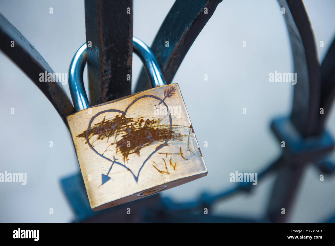 Break up, view of a 'love lock' with its lovers' names scratched out, implying the break up of a relationship, Budapest, Hungary. Stock Photo