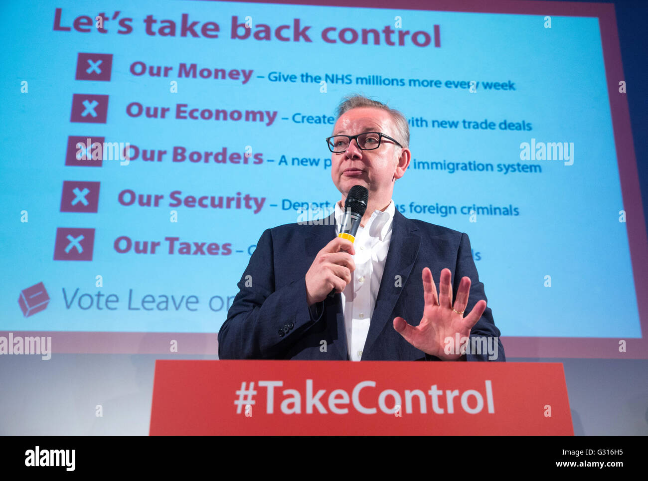 Michael Gove speaking at an event supporting 'vote leave' at the EU referendum on June 23rd Stock Photo