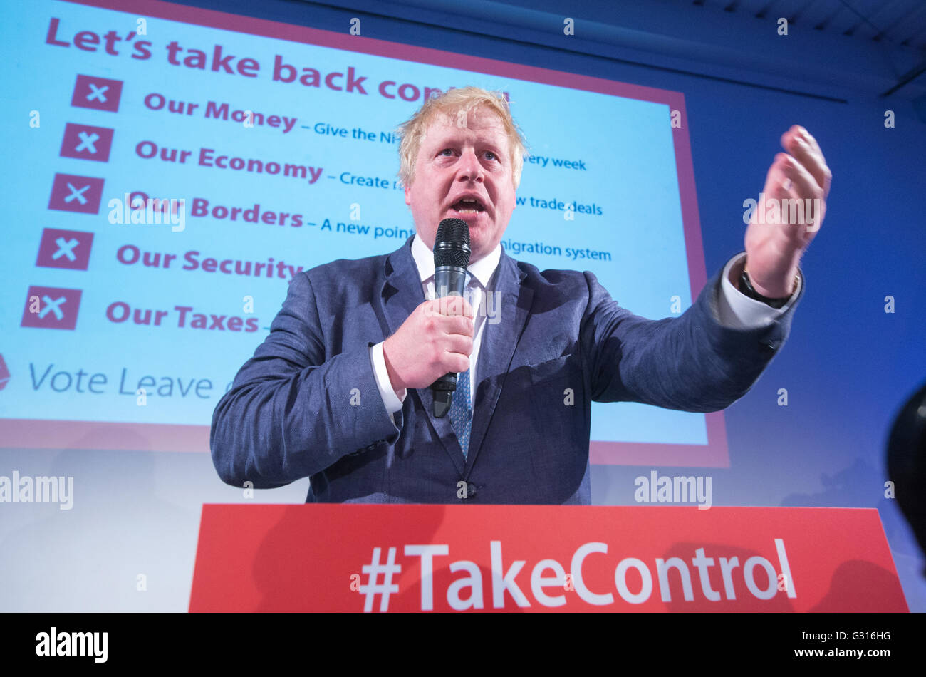 Boris Johnson speaks at a vote leave event in east London ahead of the EU referendum on June 23rd Stock Photo
