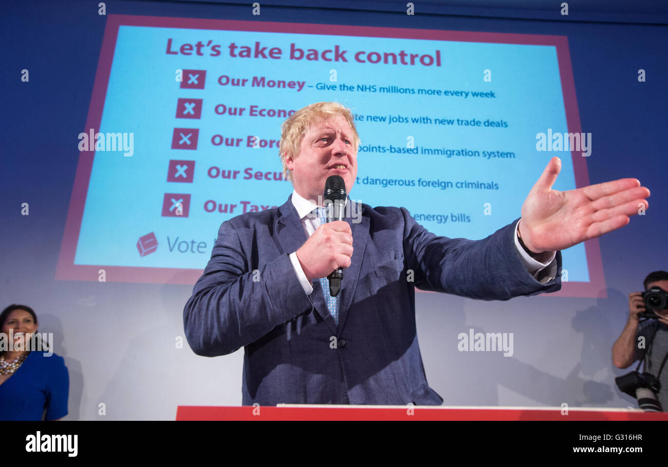 Boris Johnson speaks at a vote leave event in east London ahead of the EU referendum on June 23rd Stock Photo