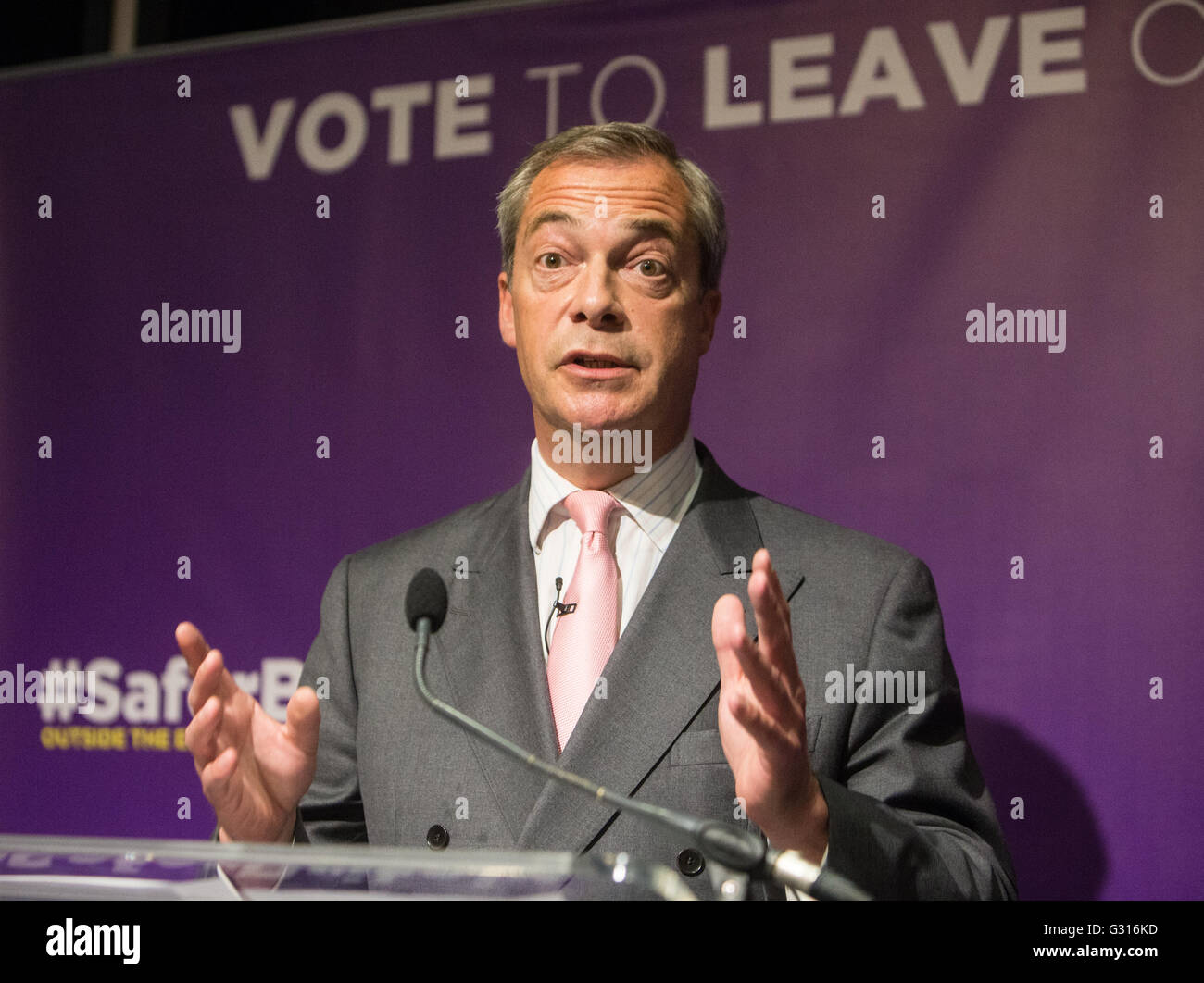 UKIP leader,Nigel Farage,gives a speech in Westminster urging people to Vote leave in the EU referendum on June 23rd Stock Photo
