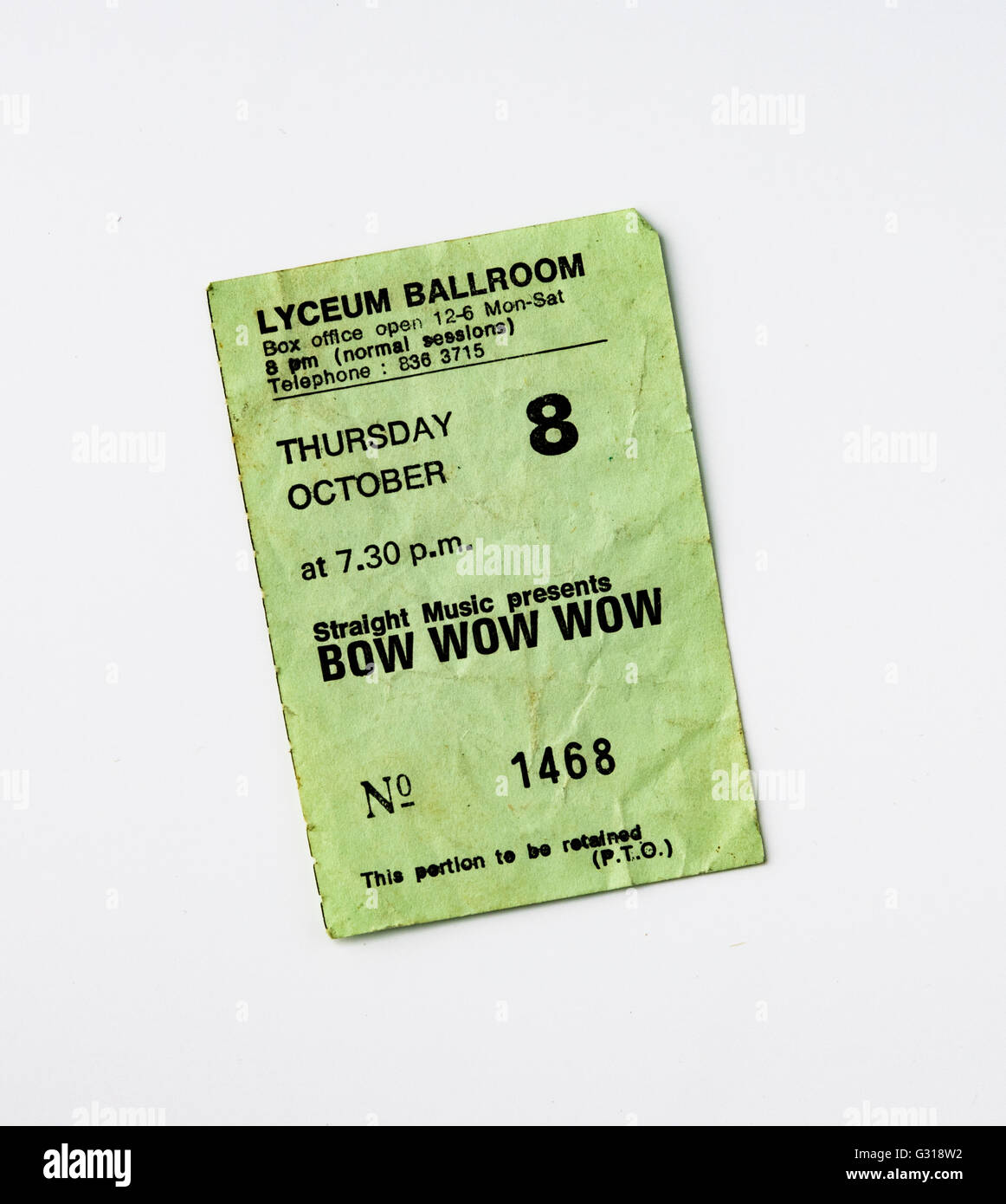 BowWowWow ticket from the 80's. Bow Wow Wow ticket from the 80's for a concert at the Lyceum Ballroom Stock Photo