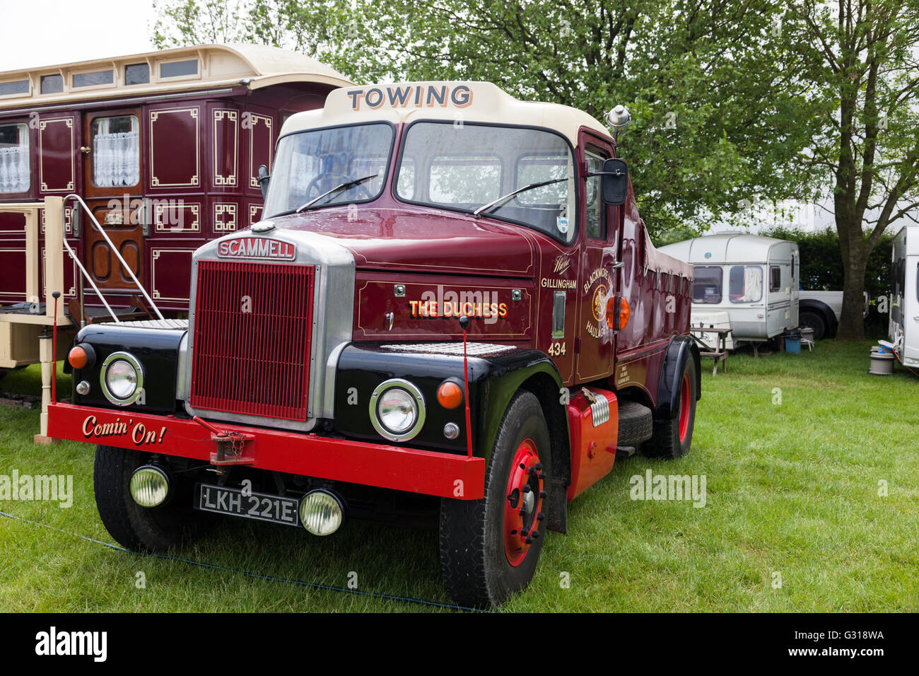 Close up of The Duchess Scammell - LKH 221E a restored vintage classic towing vehicle. Bath and West Show, Shepton Mallet, Somerset, England, Stock Photo
