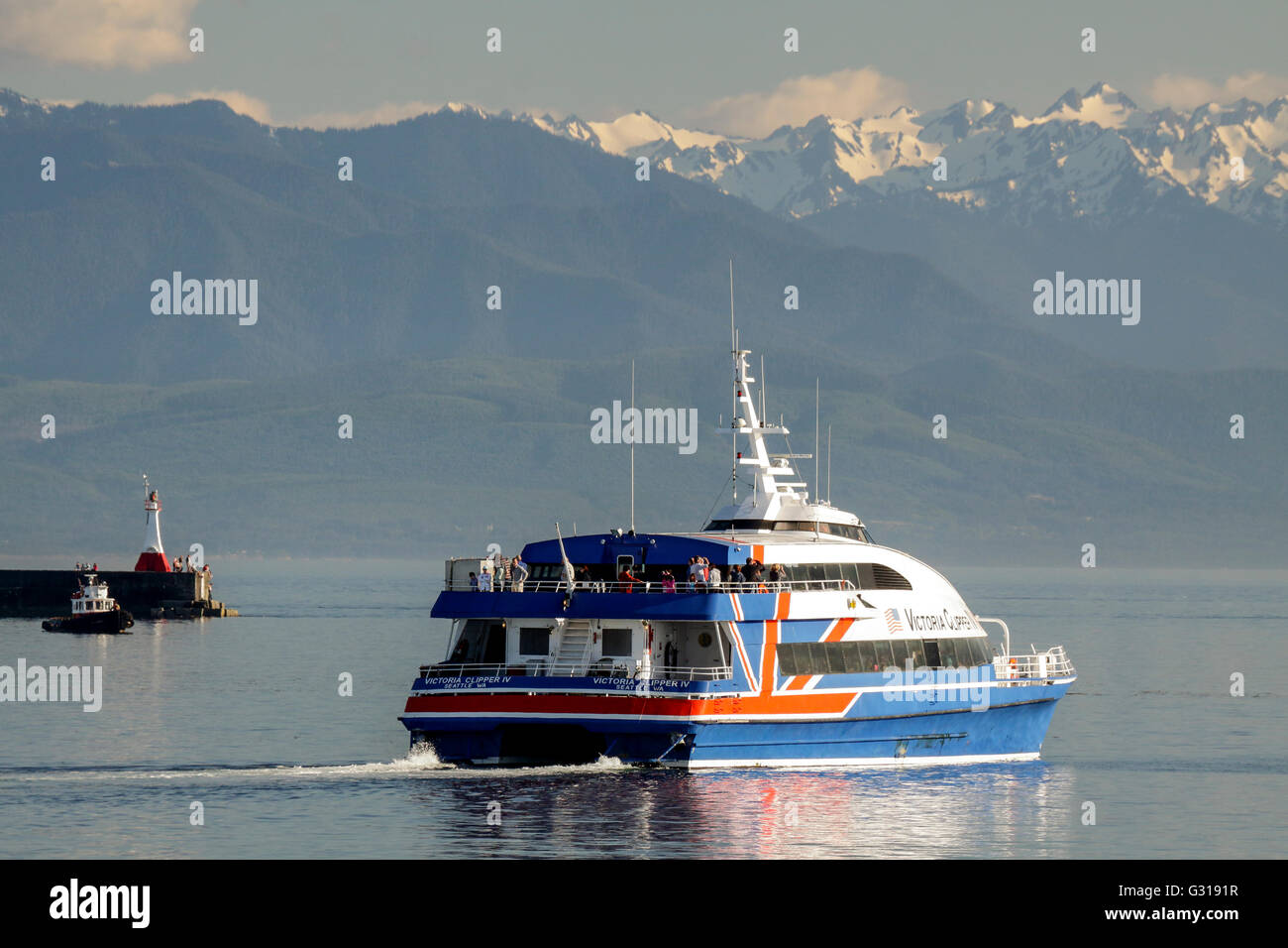 Victoria Clipper catamaran ferry leaving Ogden Point-Victoria, British Columbia, Canada. Stock Photo